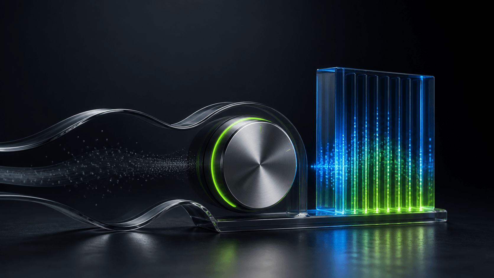A dimmed glass volume slider fading out beside a bright blue and green replacement column on a dark background.