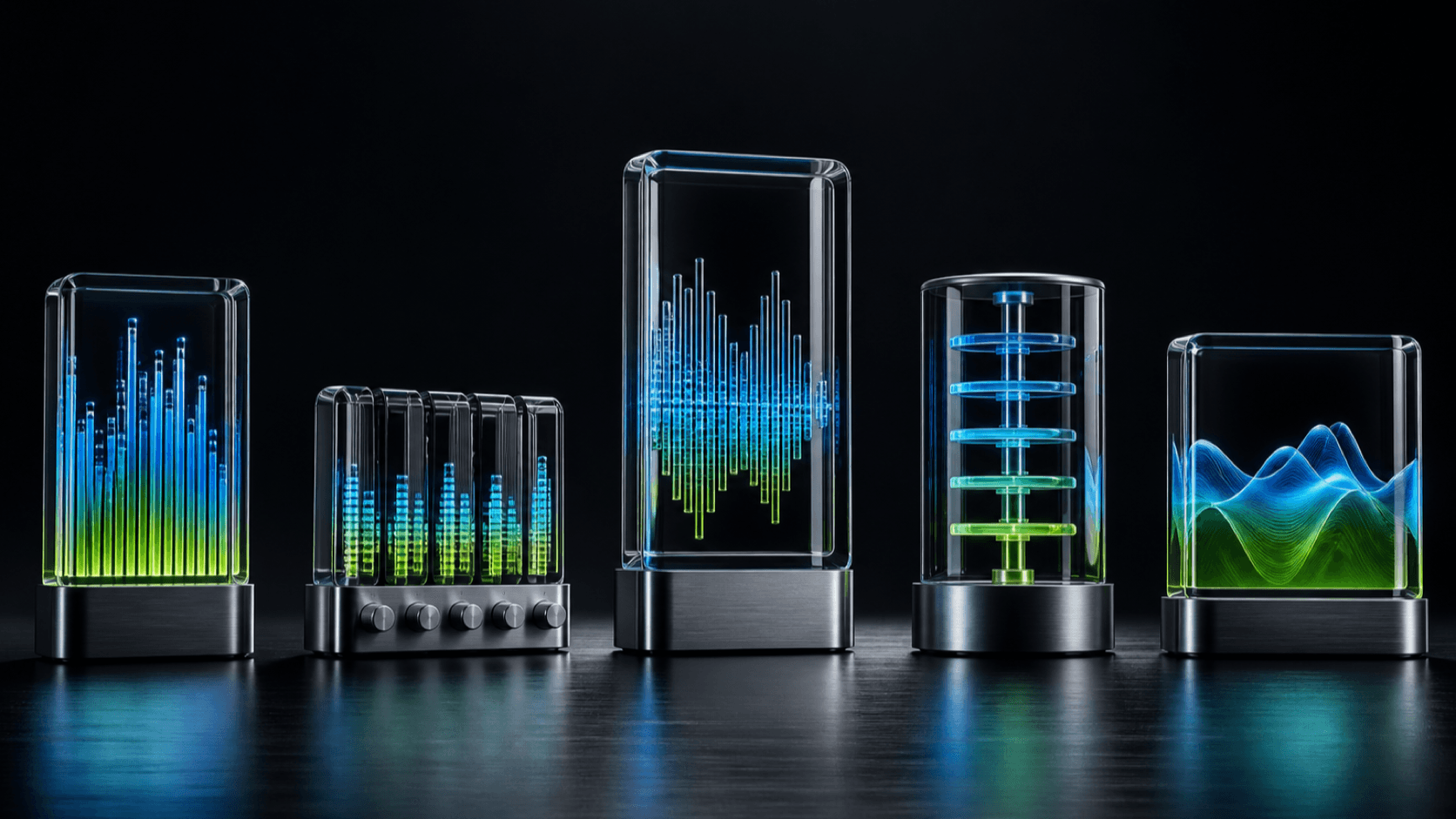 Five illuminated glass equalizer columns of different heights, blue through lime, reflected on a dark graphite floor.
