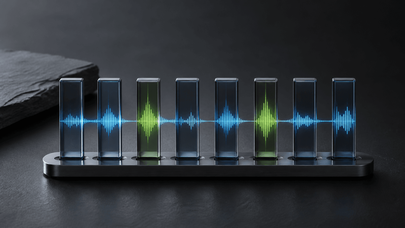 A precise blue glass speech waveform passing through eight restrained equalizer columns on a graphite studio surface.