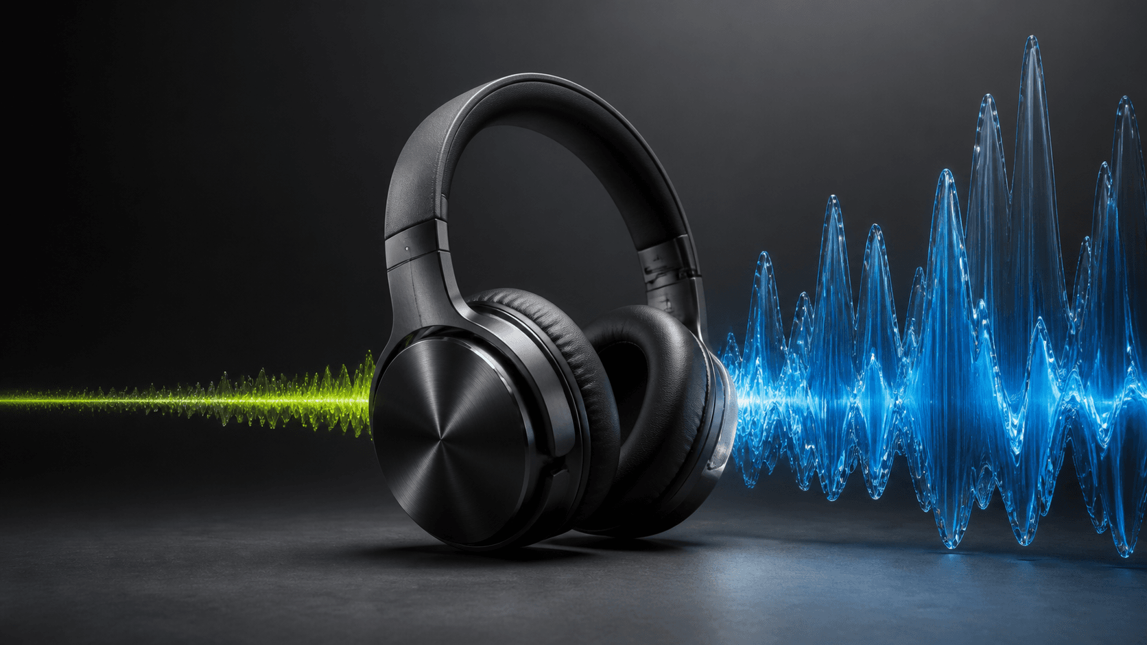 Brushed-metal headphones crossing from a narrow lime signal path into a wide clear blue listening waveform on graphite.