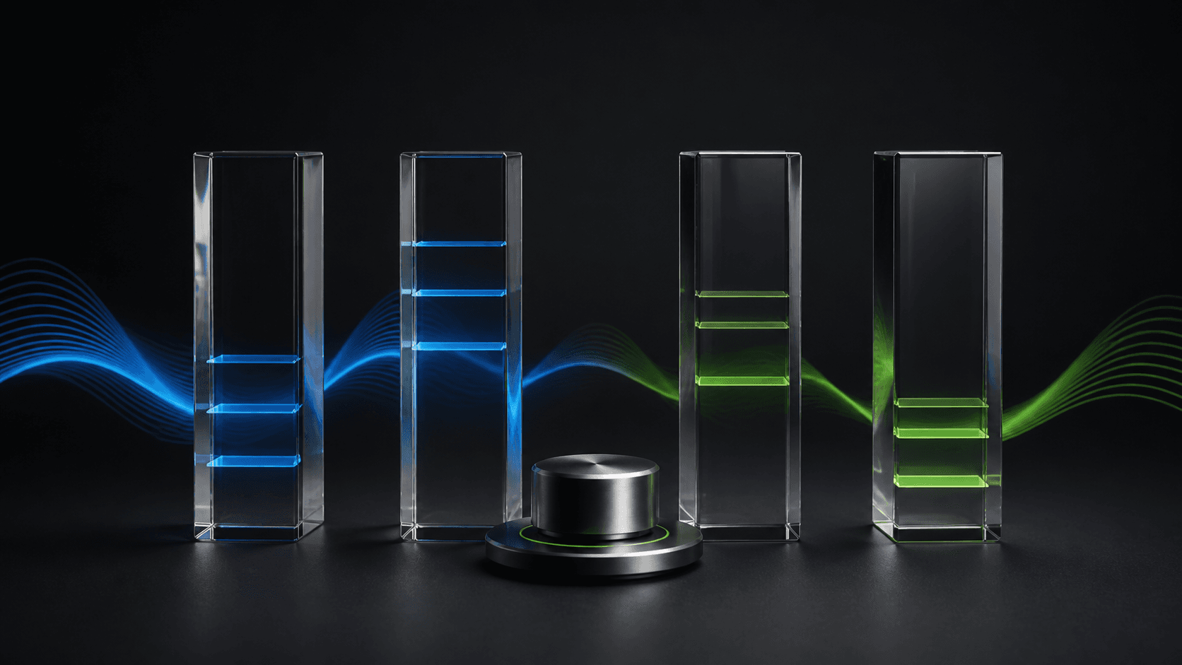 Four translucent glass equalizer columns in blue and green, one glowing brighter, on a dark studio background.