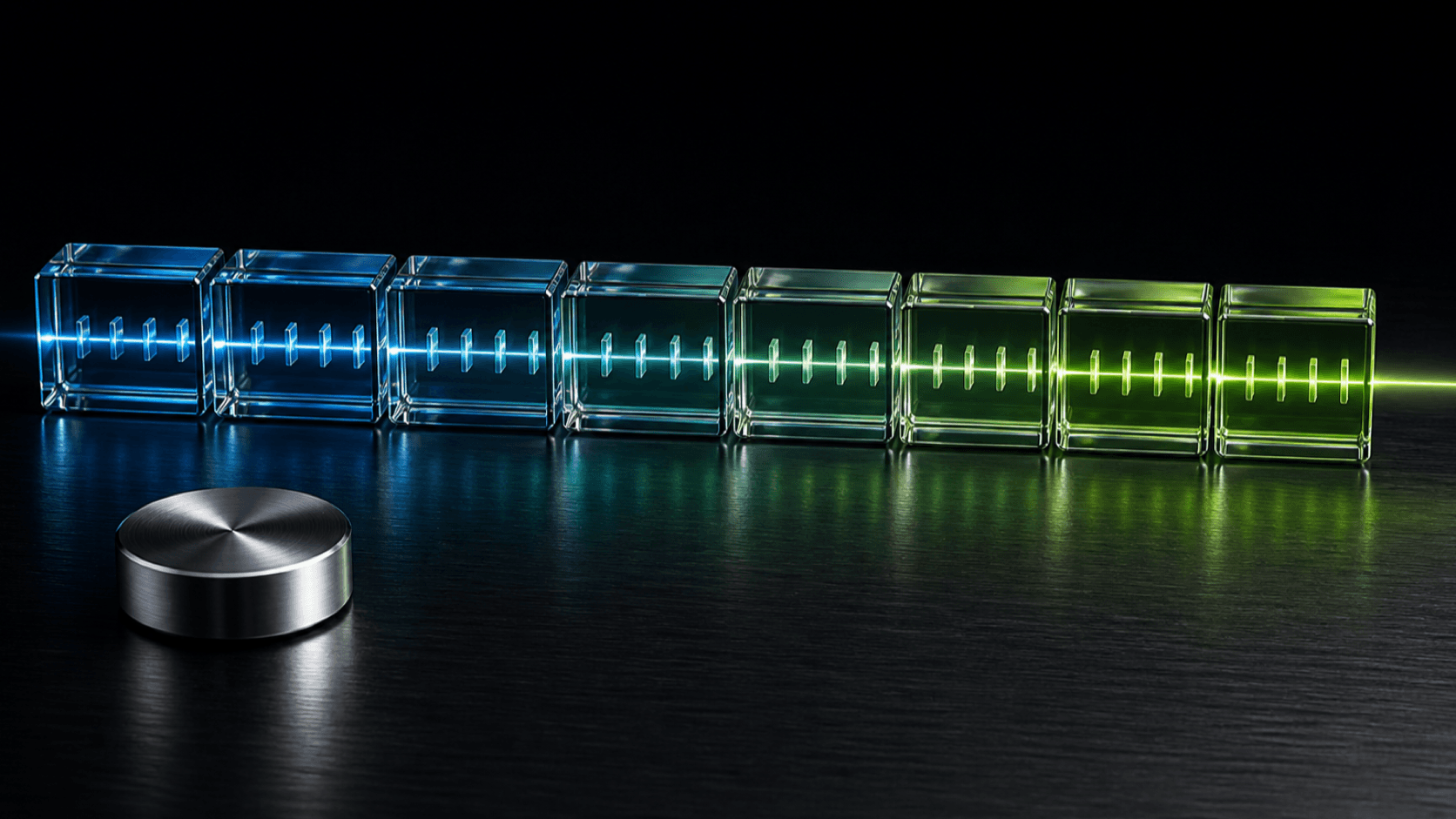 Eight glass bar blocks in blue through lime, beat ticks beneath them, with one continuous green light line running out into open space.