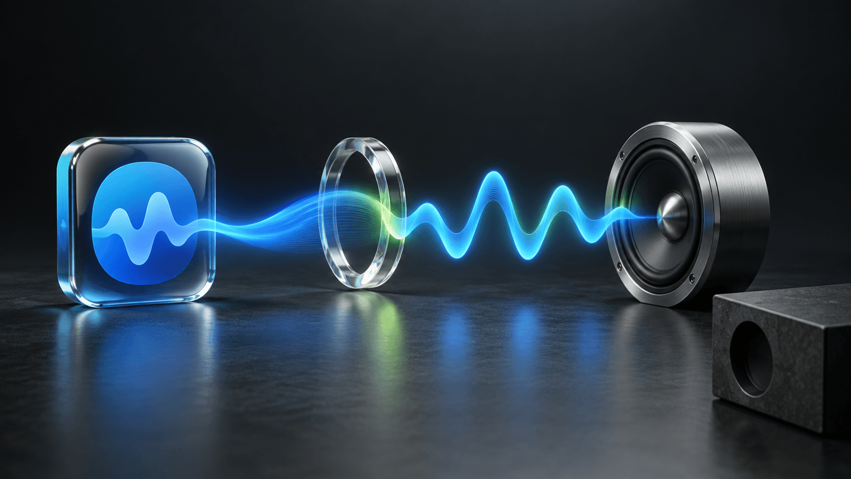 A blue sound wave passes from a glass app tile through a clear optical ring to a metal speaker while an unused dark block sits outside the signal path.