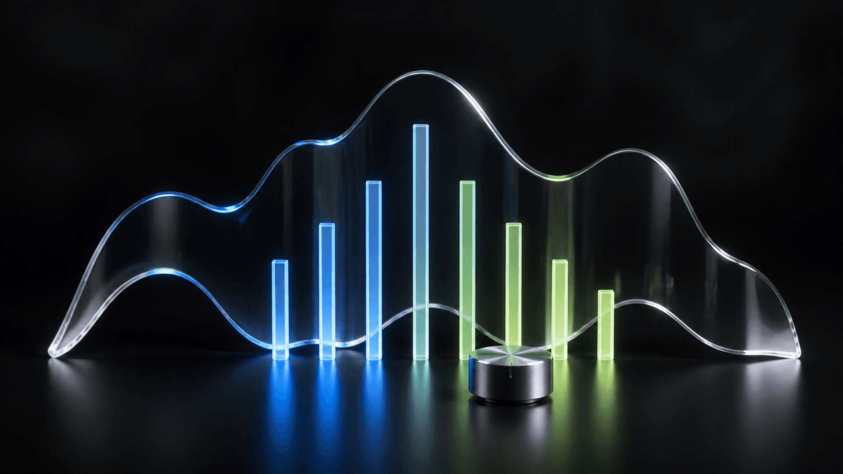 A luminous glass waveform surrounding blue and green equalizer bars on a dark background.