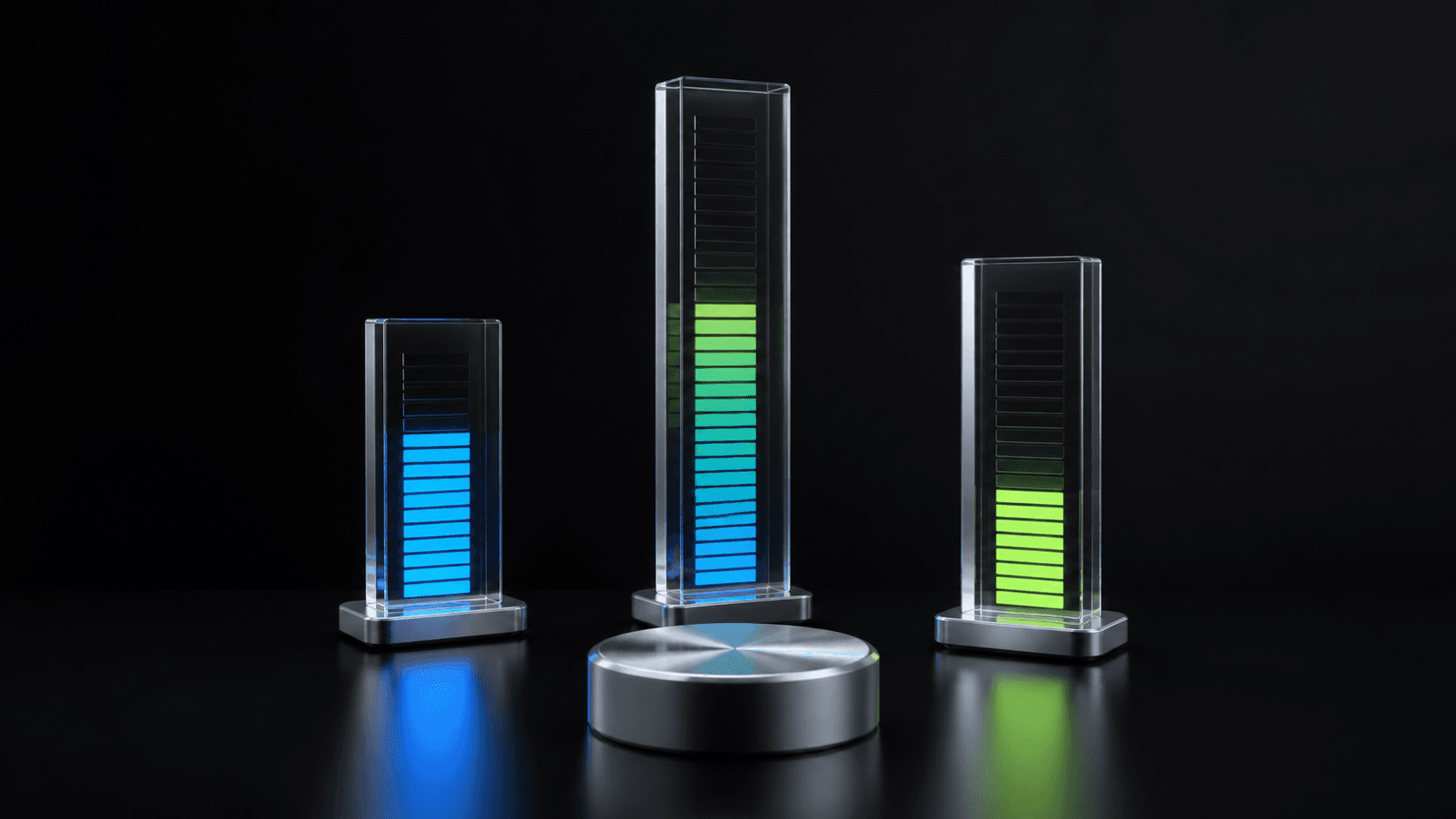 A brushed aluminum volume dial beside separate glowing blue and green sound columns on a dark background.