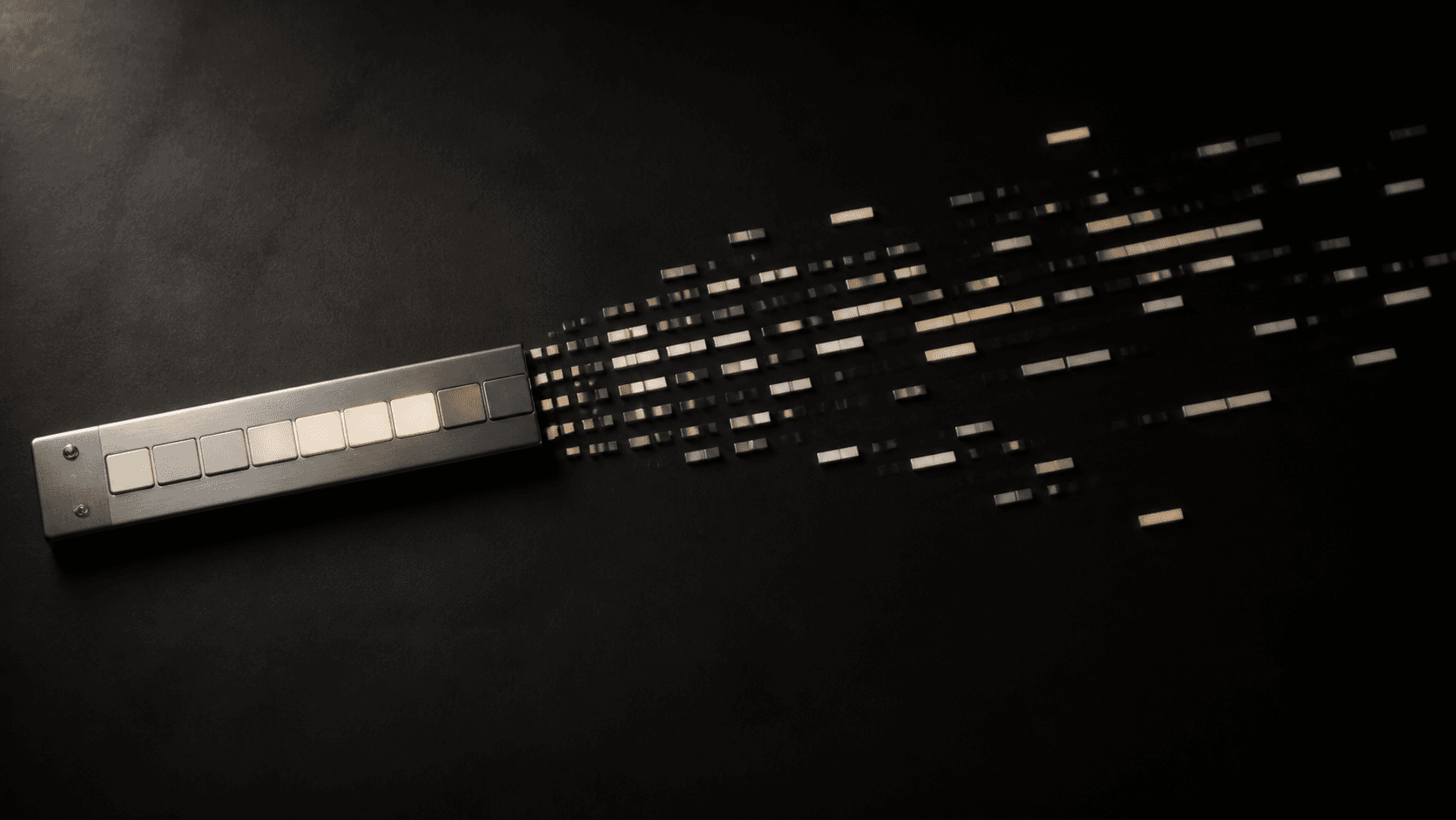A brushed-metal eight-step sequencer opening into a flowing field of warm illuminated note blocks on a dark background.