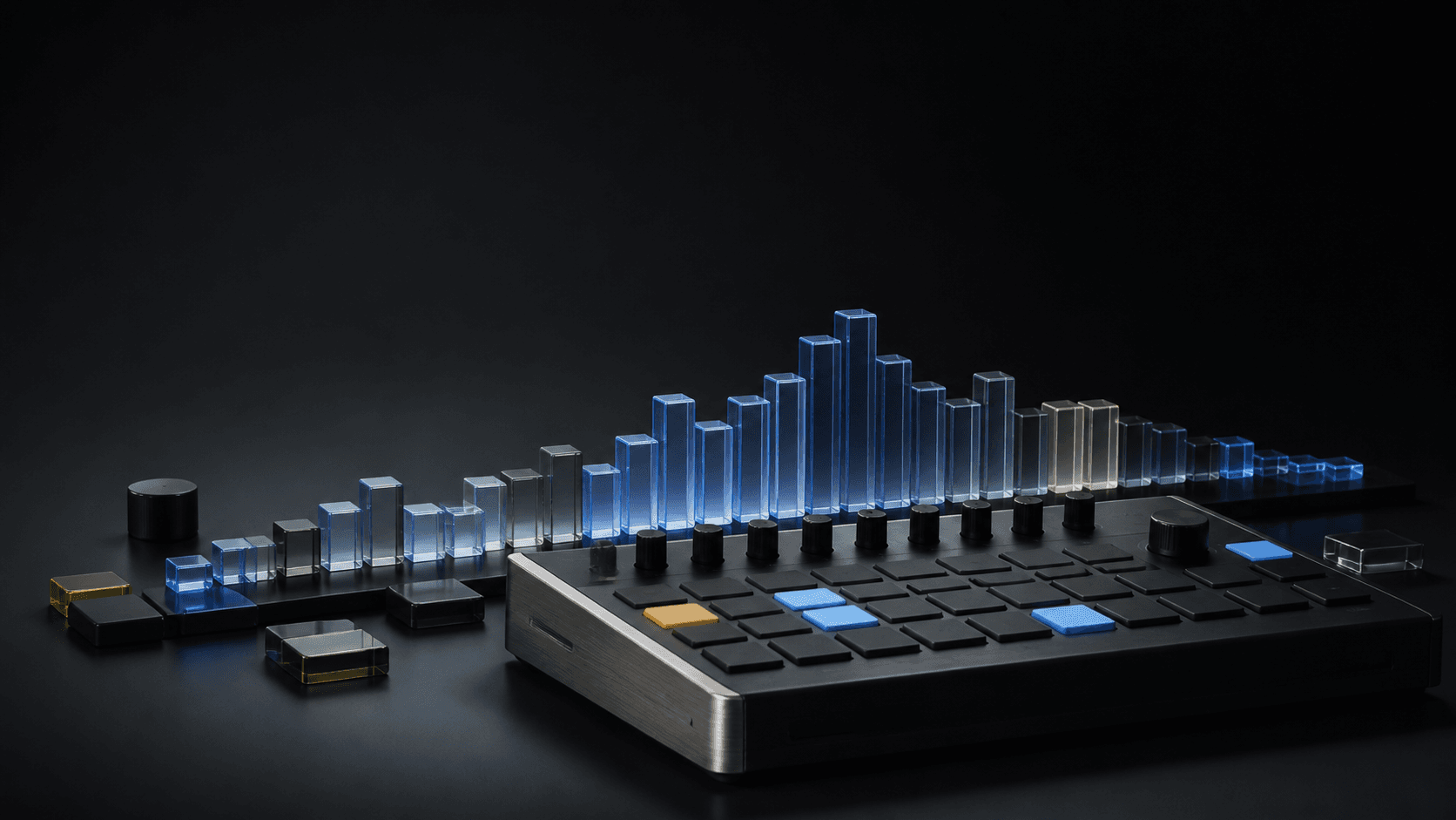 A compact dark step sequencer beneath a rising and falling row of translucent blue arrangement blocks on a graphite studio surface.