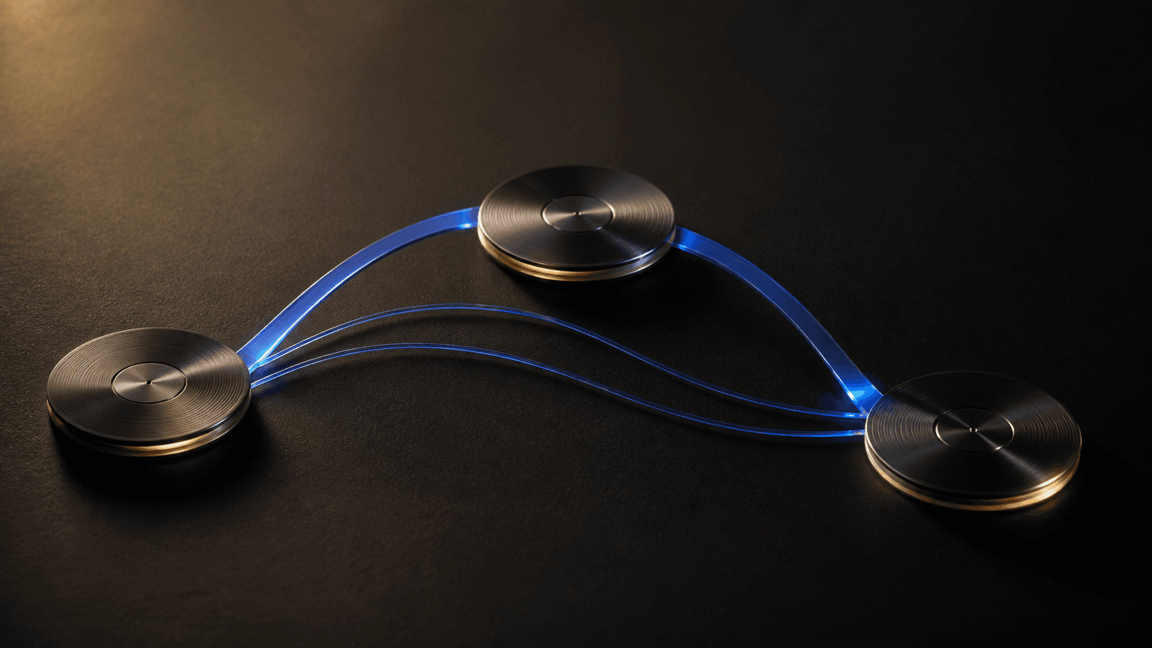 Three warm-gold record forms connected by a rising blue glass energy arc with alternate branches on a dark studio surface.