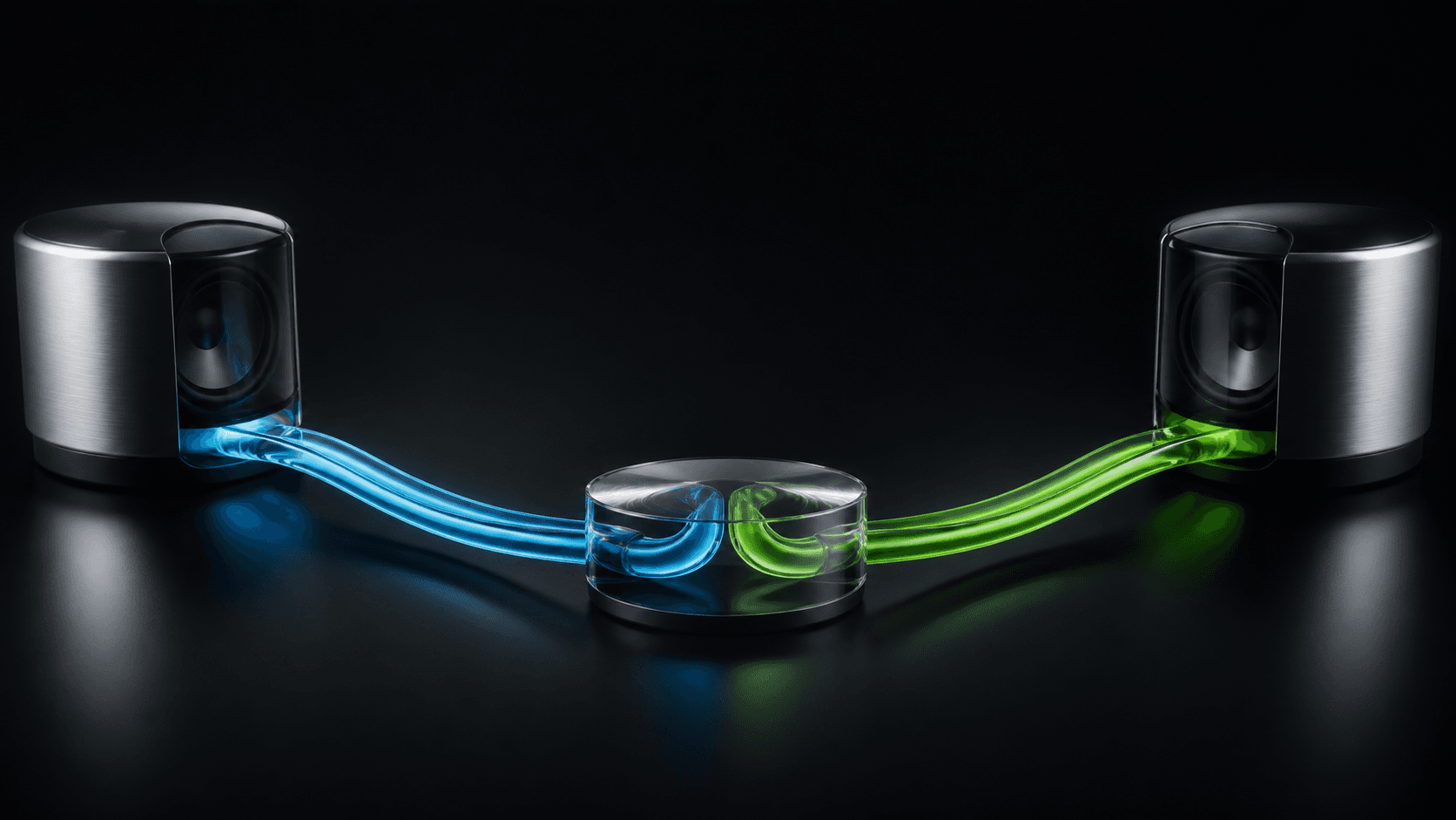 Two polished speaker forms connected by separate blue and green glass sound paths on a dark background.