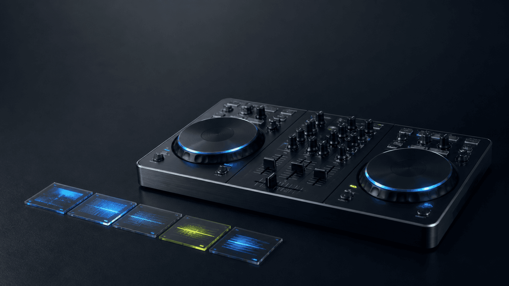 A compact dark DJ controller with blue-lit jog wheels and a small curated row of translucent track cards on a graphite studio surface.