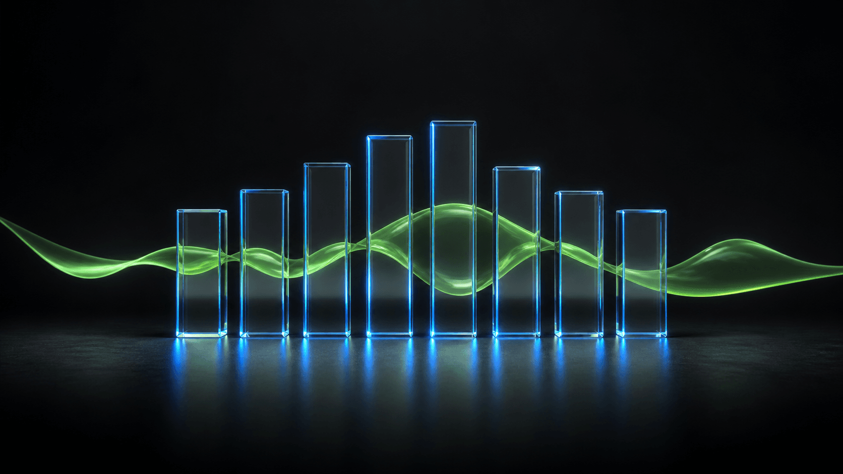 A translucent green audio wave passing through a precise blue equalizer grid on a dark background.