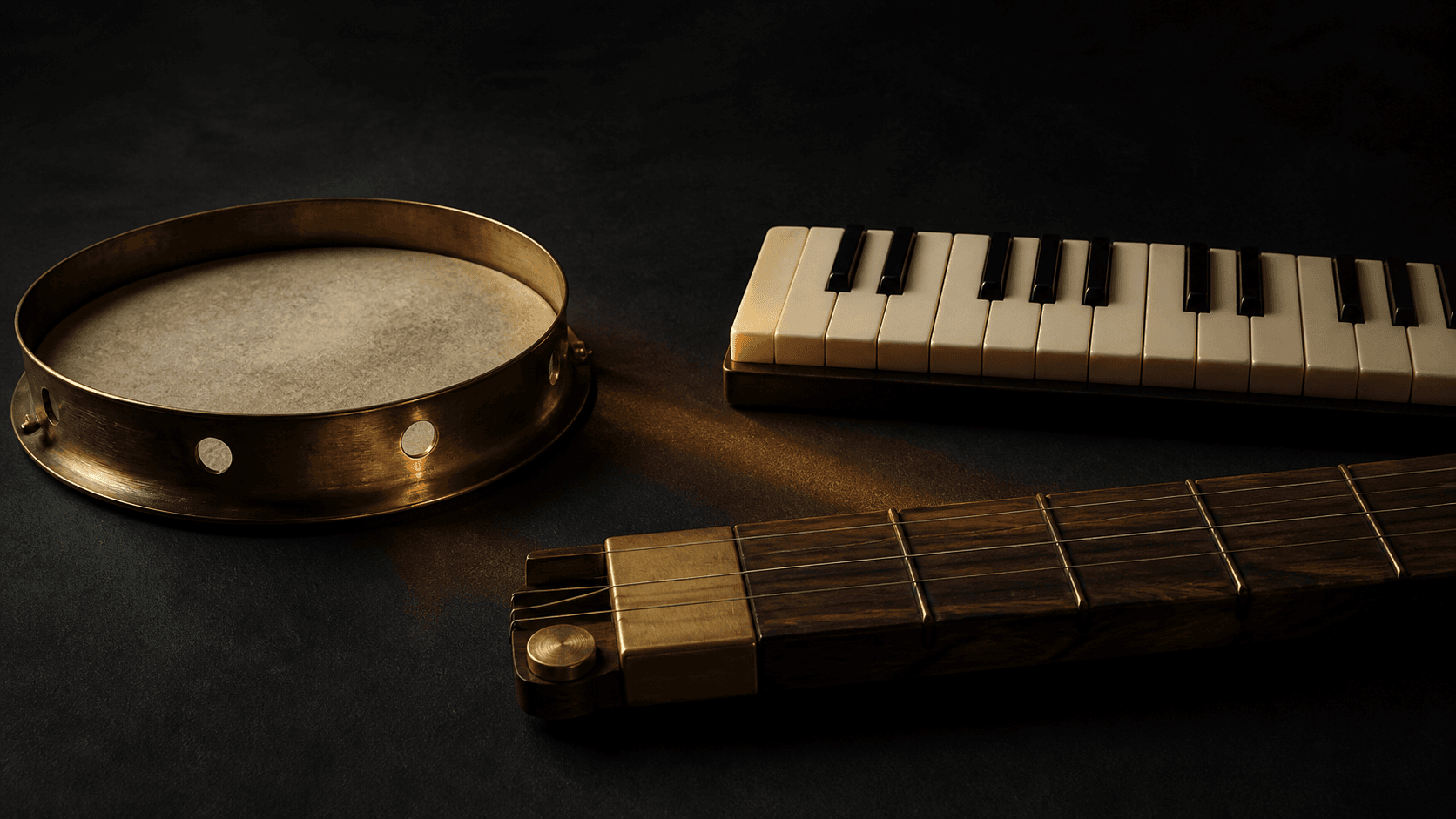 A brass frame drum, a small keyboard, and a dark wooden stringed-instrument detail arranged separately on a dark studio surface.