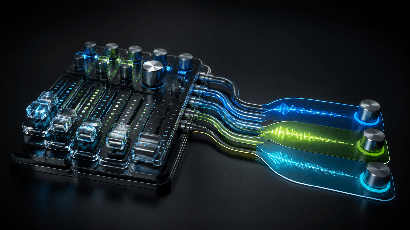 A dense glass and metal mixer opening into three clean luminous audio paths in blue and green on a dark studio background.