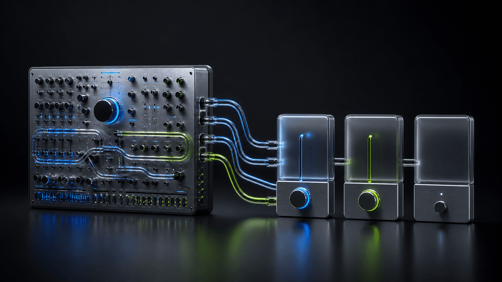 An intricate metal audio console branching into three simpler glass controls lit in blue and green on a dark studio background.