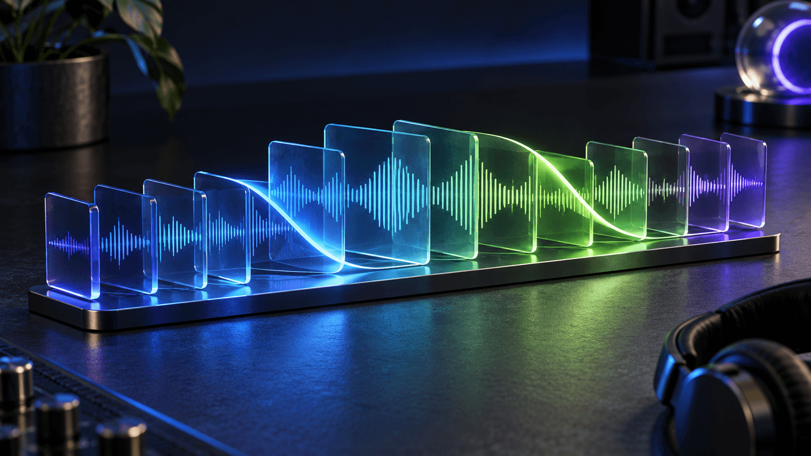 Two glass audio tracks meet in a glowing blue and green transition on a dark studio surface.
