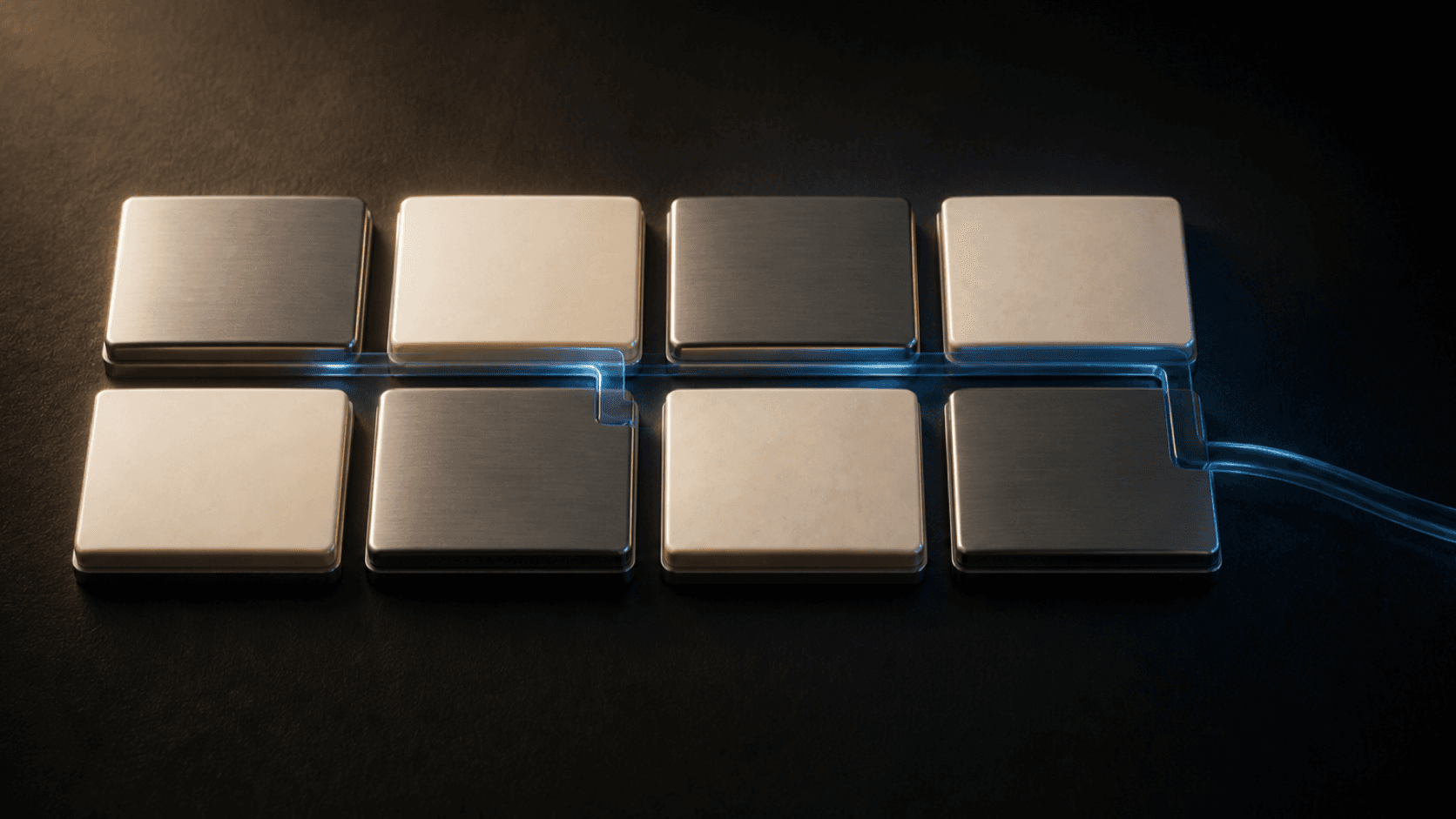 A row of warm illuminated sequencer modules opening into a cool blue stream on a dark graphite surface.