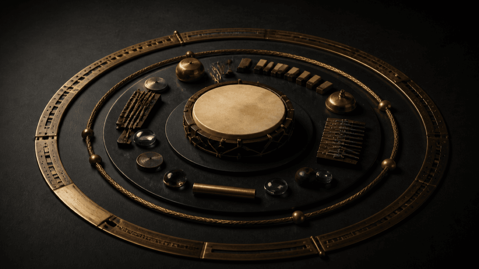 Nested brass rings surrounding varied wooden, glass, and skin sound objects on a dark studio surface.