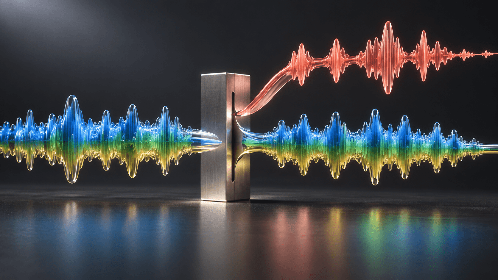 A coral vocal waveform lifting away from a blue, green and gold glass instrumental waveform through a metal separator.
