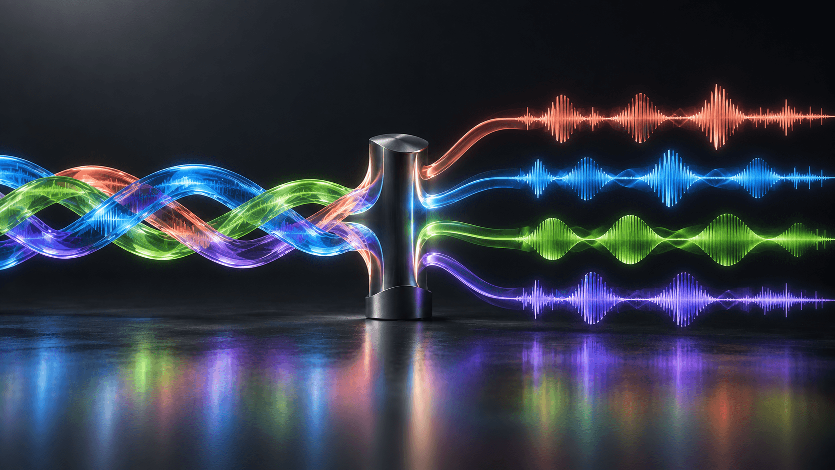 Quattro nastri audio di vetro color corallo, blu, verde e viola si separano da un’onda intrecciata su fondo scuro.