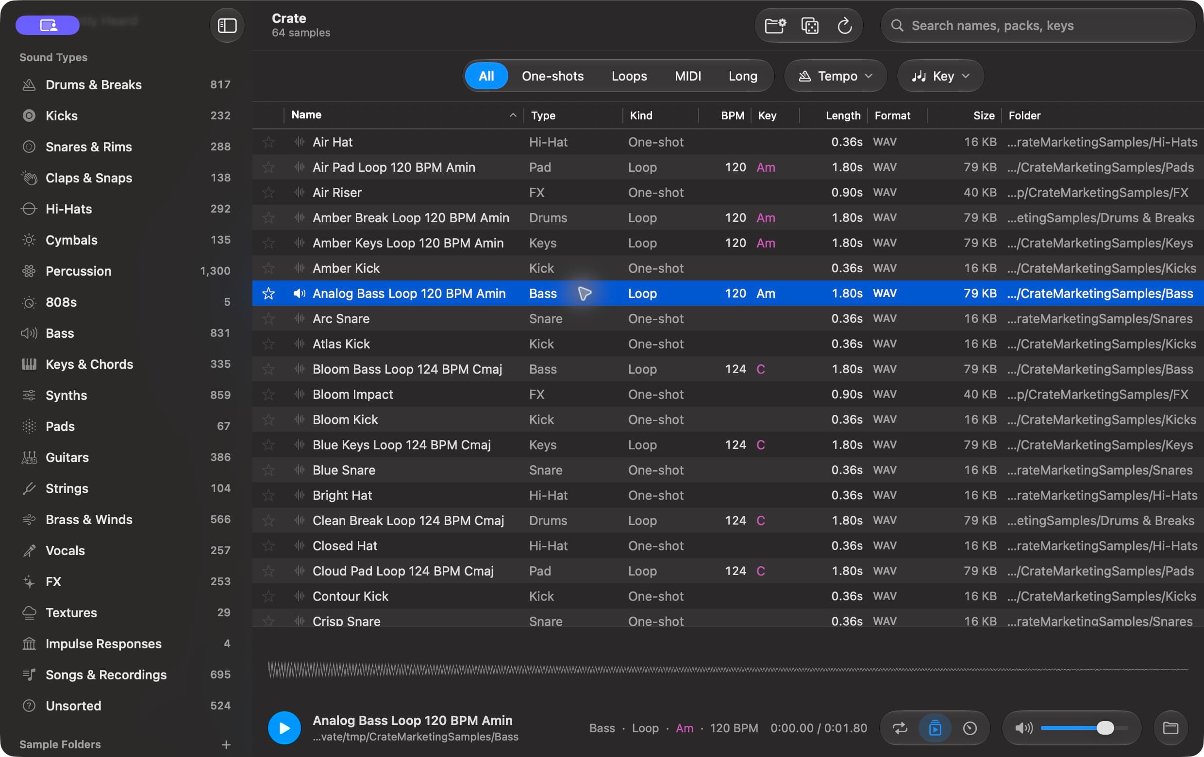 De echte Crate-interface, met originele demosamples.